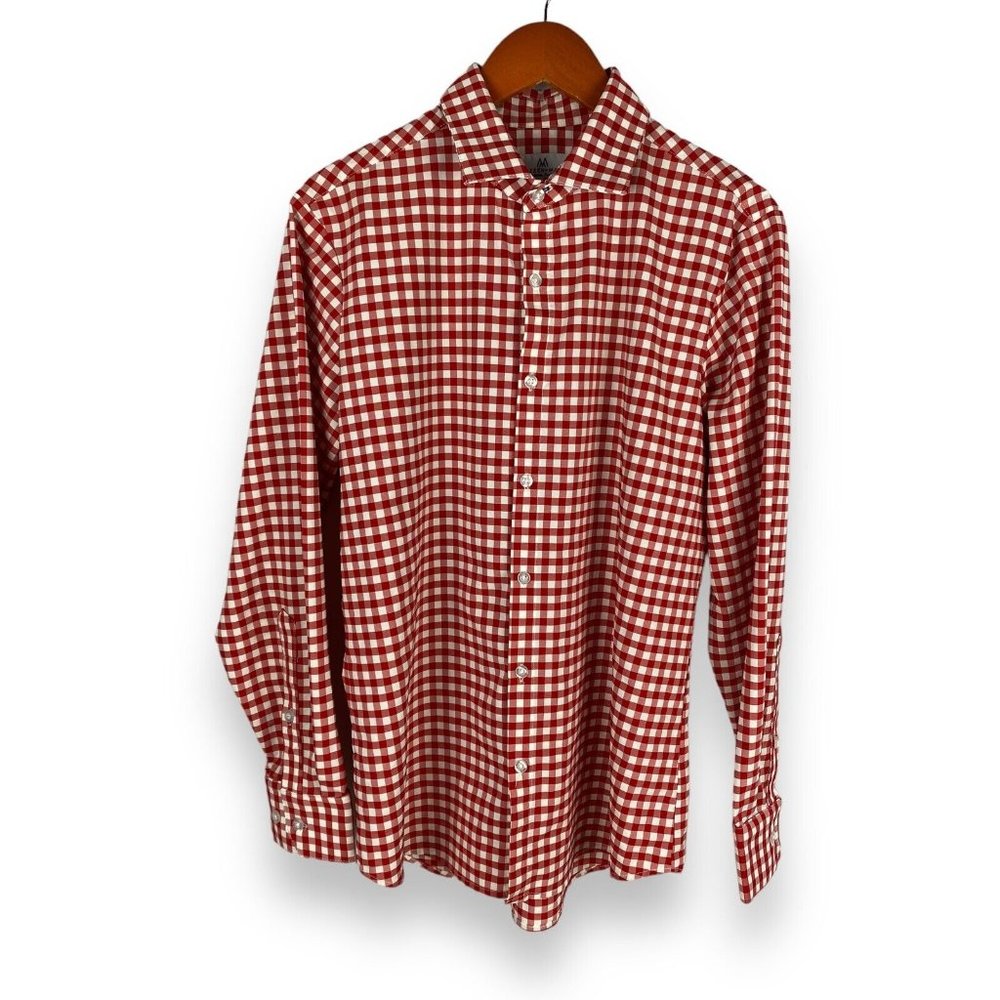 MIZZEN + MAIN Performance Trim Fit Red Gingham Stripe Long Sleeve Shirt - Medium